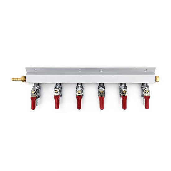 6 Output / 6 Way Manifold Gas Line Splitter with Check Valves (1/4" thread, 6mm Barb)